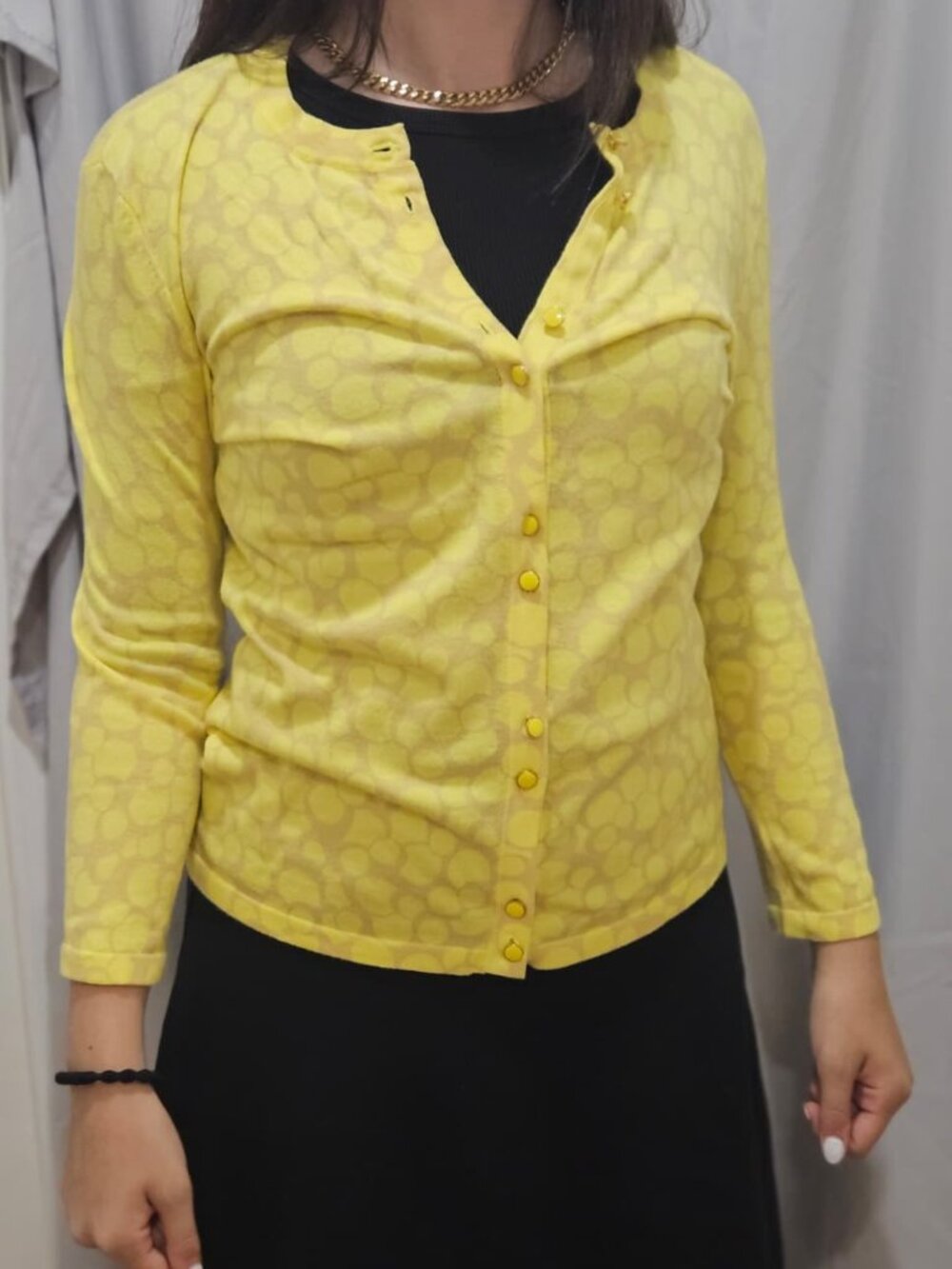Saks Fifth Avenue Yellow Dot-Pattern Button-Front Cardigan